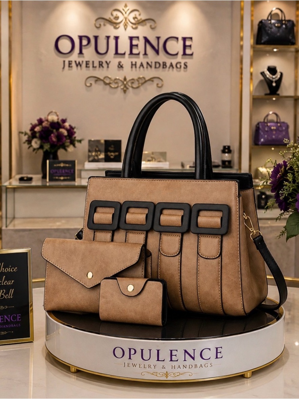 Tan Structured Satchel Handbag with Matching Pouch & Cardholder